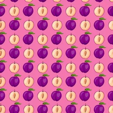 Plum fruit flat seamless pattern on pink background. Illustrazione stock