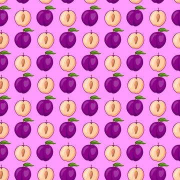 Plum fruit flat seamless pattern on purple background Stock Illustration