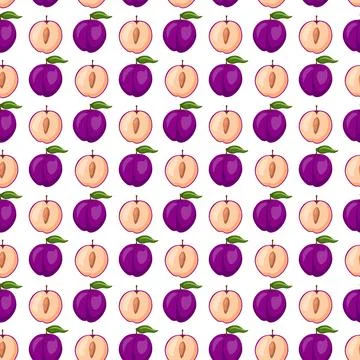 Plum fruit flat seamless pattern on white background. Stockillustratie