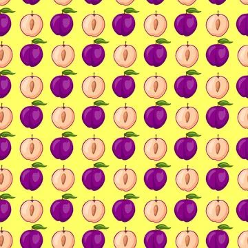 Plum fruit flat seamless pattern on yellow background. Stock Illustration