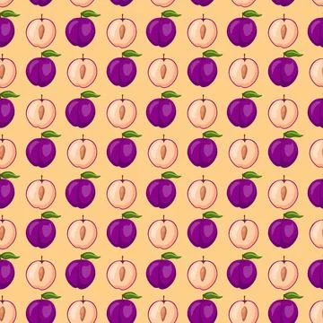 Plum fruit flat seamless pattern on orange background. 스톡 일러스트