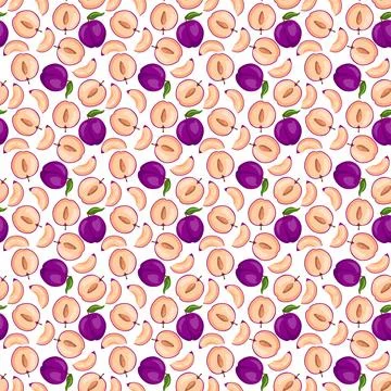 Plum fruit flat seamless pattern on white background. Illustrazione stock