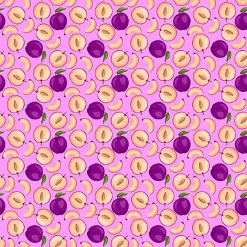 Plum fruit flat seamless pattern on purple background. 스톡 일러스트