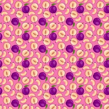 Plum fruit flat seamless pattern on pink background. Illustrazione stock