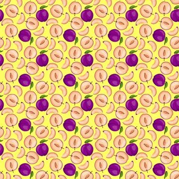 Plum fruit flat seamless pattern on yellow background. Stock Illustration