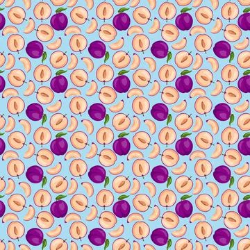Plum fruit flat seamless pattern on blue background. Stockillustratie