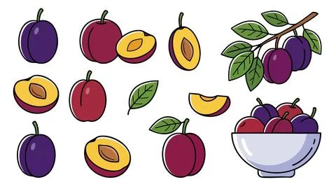 Plum Fruit Icons Set Whole Half Slice Leaf Bowl Stock Illustration