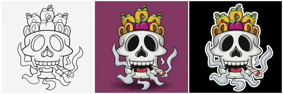 Plum Fruit Inside Skull Head With Smoking Character Cartoon. Black White, C.. Stock Illustration