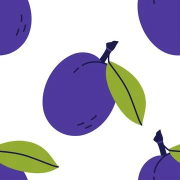 Plum fruit with leaf. Seamless pattern. Hand drawn vector illustration. Sweet Stock Illustration