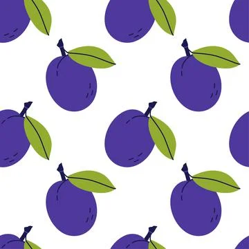 Plum fruit with leaf. Seamless pattern. Hand drawn vector illustration. Sweet Illustrazione stock