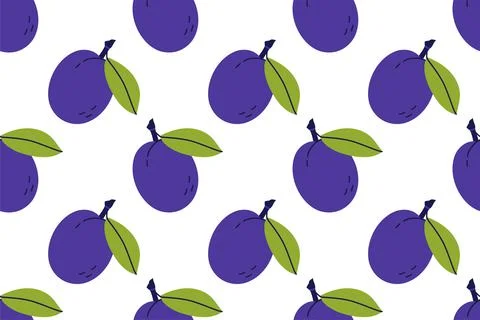 Plum fruit with leaf. Seamless pattern. Hand drawn vector illustration. Sweet 스톡 일러스트