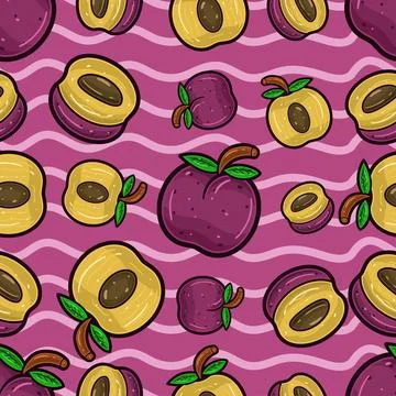 Plum Fruit Seamless Pattern in Cartoon Style. Perfect For Background, Backd.. Stock Illustration