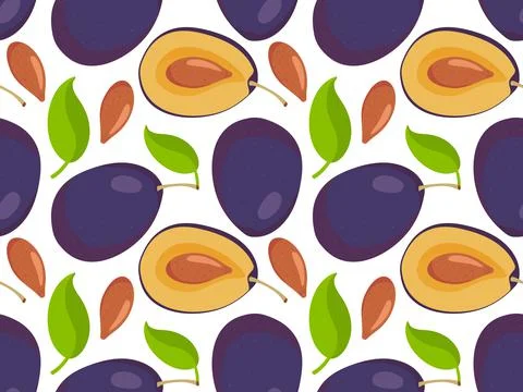 Plum fruit seamless pattern. Repeated background. Whole fruit and cut into 스톡 일러스트