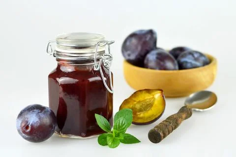Plum jam in the jar Stock Photos