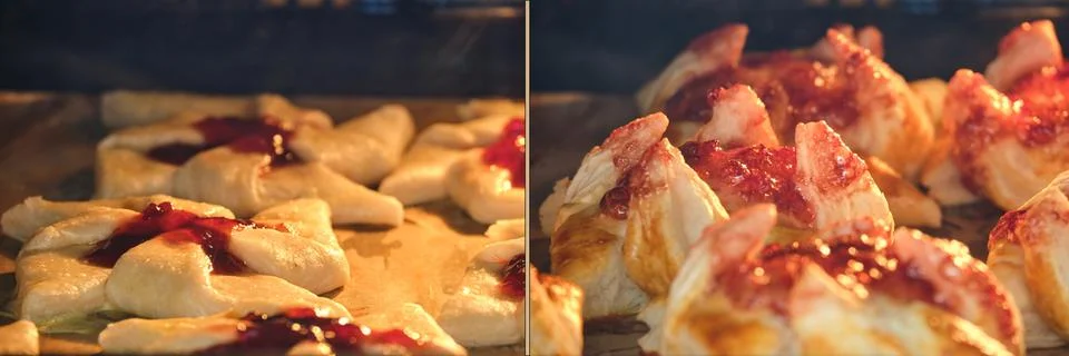 Plum puff pastry from Finland joulutorttu in the oven, before and after cooki Stock Photos