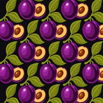 Plum Seamless Pattern with Whole and Sliced Plums and Leaves Stock Illustration
