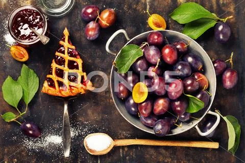 Plum tart and fresh plums Stock Photos