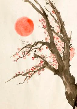 Plum tree red sun Illustrazione stock