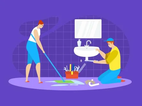 Plumb servise, professional help vector illustration. Worker in bathroom repair Stock Illustration