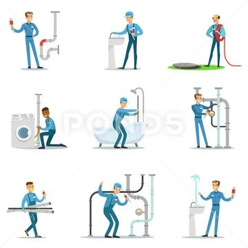 Plumber And Water Supply Plumbing Specialist At Work Doing Repairs Set Of Stock Illustration