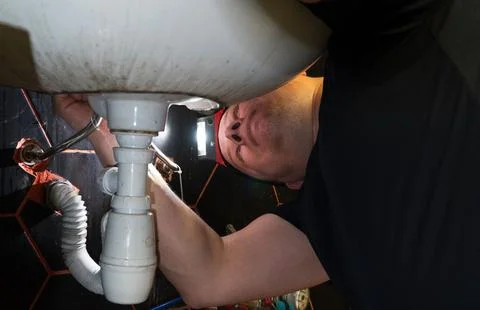 Plumber changes broken, leaking plumbing fixtures in the kitchen. Stock Photos