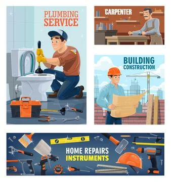 Plumber, construction worker and tools banner Stock Illustration