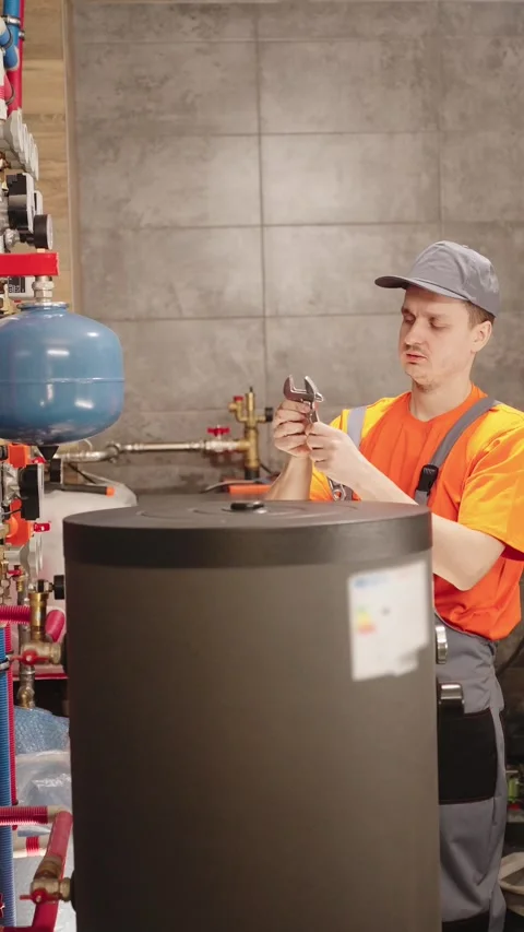 Plumber Detecting Heating System Problem And Taking Wrench Stock Footage 330858903