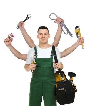 Plumber with different tools on white background. Multitasking handyman Stock Photos
