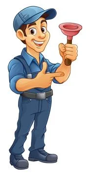 Plumber Drain Plunger Cartoon Handyman Pointing Stock Illustration
