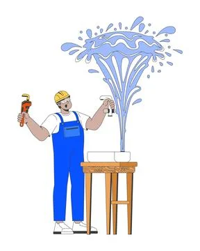 Plumber facing burst water pipe 2D vector illustration Stock Illustration
