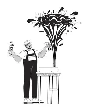 Plumber facing burst water pipe outline illustration Stock Illustration
