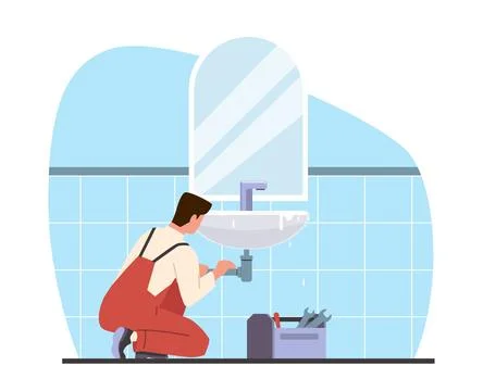 Plumber fixes leaky pipe or clog in sink. Repair man in toilet room. Leaking Stock Illustration