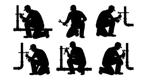 Plumber Fixing Pipes Silhouette Set Stock Illustration