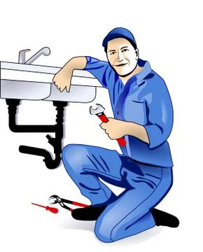 Plumber fixing a sink at kitchen Stock Illustration