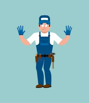 Plumber guilty oops. Fitter culpable. Service worker Serviceman apologize. Ve Stock Illustration