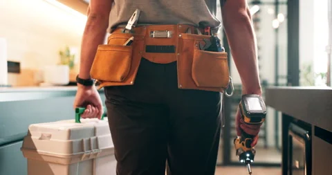 Plumber, hands and walk in kitchen with toolbox, maintenance job or repair Stock Footage 337157119