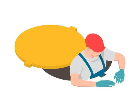 A plumber in a hard hat is working in the hatch. Stock Illustration