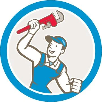 Plumber holding monkey wrench circle cartoon Stock-Illustration