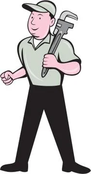 Plumber holding monkey wrench front view cartoon Stock-Illustration