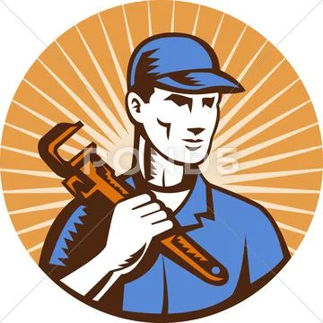 Plumber holding monkey wrench Stock Illustration