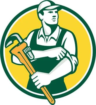 Plumber Holding Monkey Wrench Rolling Sleeve Retro Stock Illustration