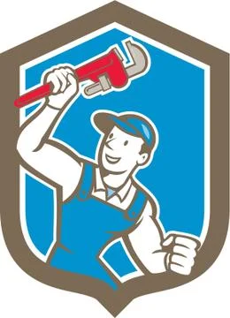 Plumber holding monkey wrench shield cartoon Stock Illustration