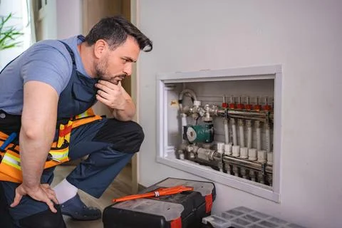 Plumber inspecting heating system pipes and thinking about problem solution Stock Photos