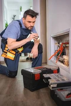 Plumber inspecting plumbing system with flashlight in a residential building Stock Photos