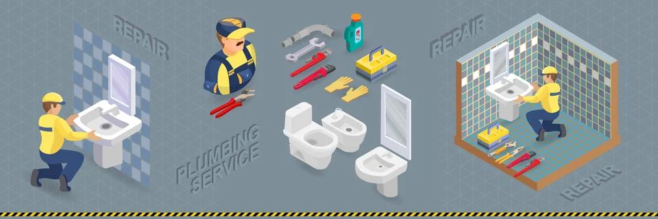 Plumber is installing washbasin in a bathroom. Vector. Illustrazione stock