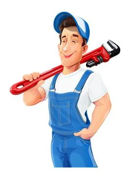 Plumber man with pipe wrench. Work occupation. Repair Service. Vector. Stock Illustration