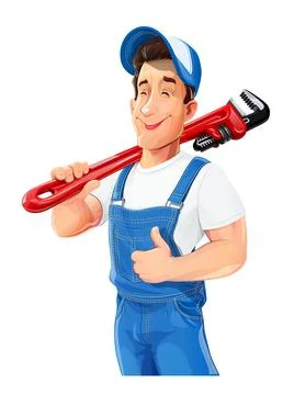 Plumber man with pipe wrench. Work occupation. Repair Service. Vector. Stock Illustration
