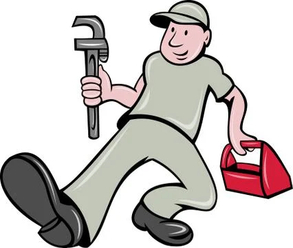 Plumber with monkey wrench and toolbox Stock Illustration