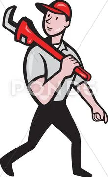 Plumber with monkey wrench cartoon. Stock Illustration