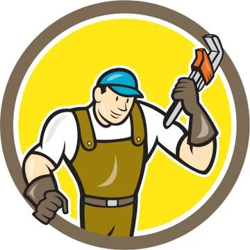 Plumber monkey wrench circle cartoon Stock Illustration